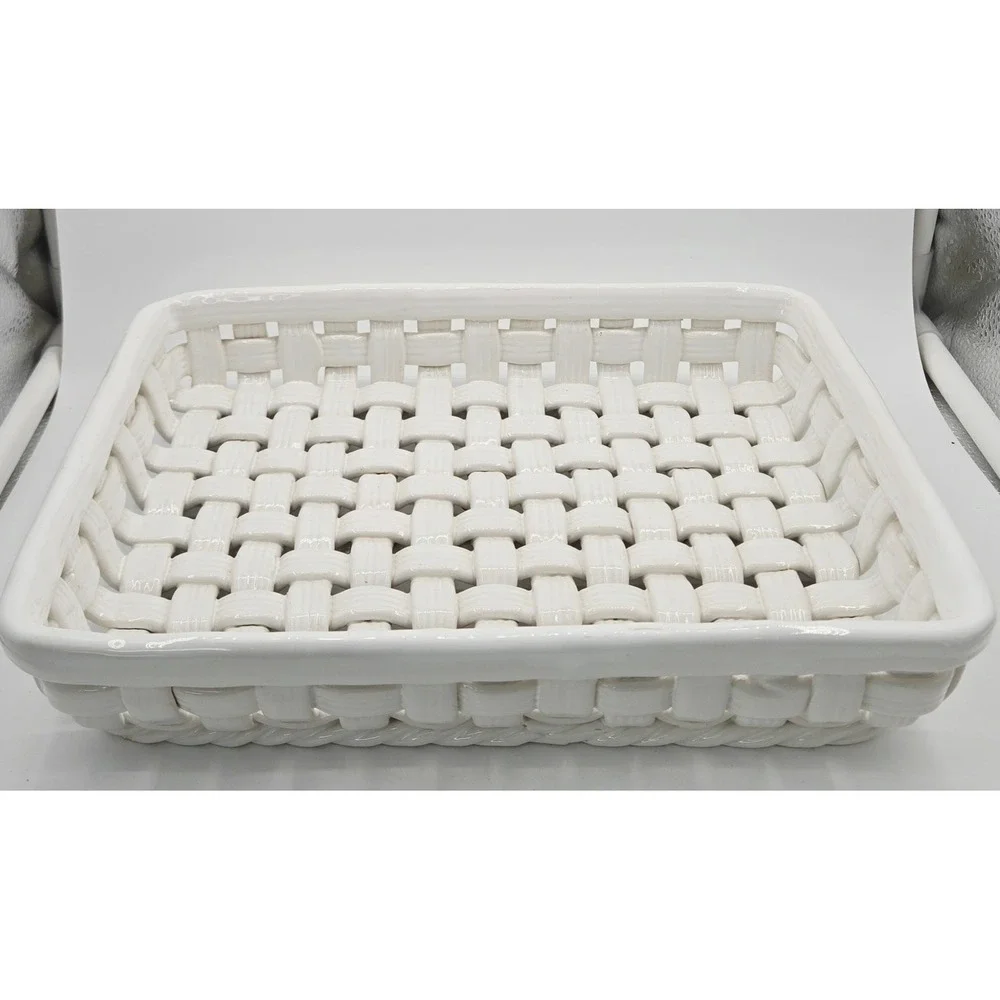 Savoir Vivre Portugal White Ceramic Cottagecore Lattice Weave Basket  9x11
